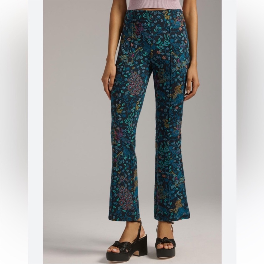 Anthropologie Maeve The Margot Kick-Flare Cropped Pants Blue Jacquard Floral-XS